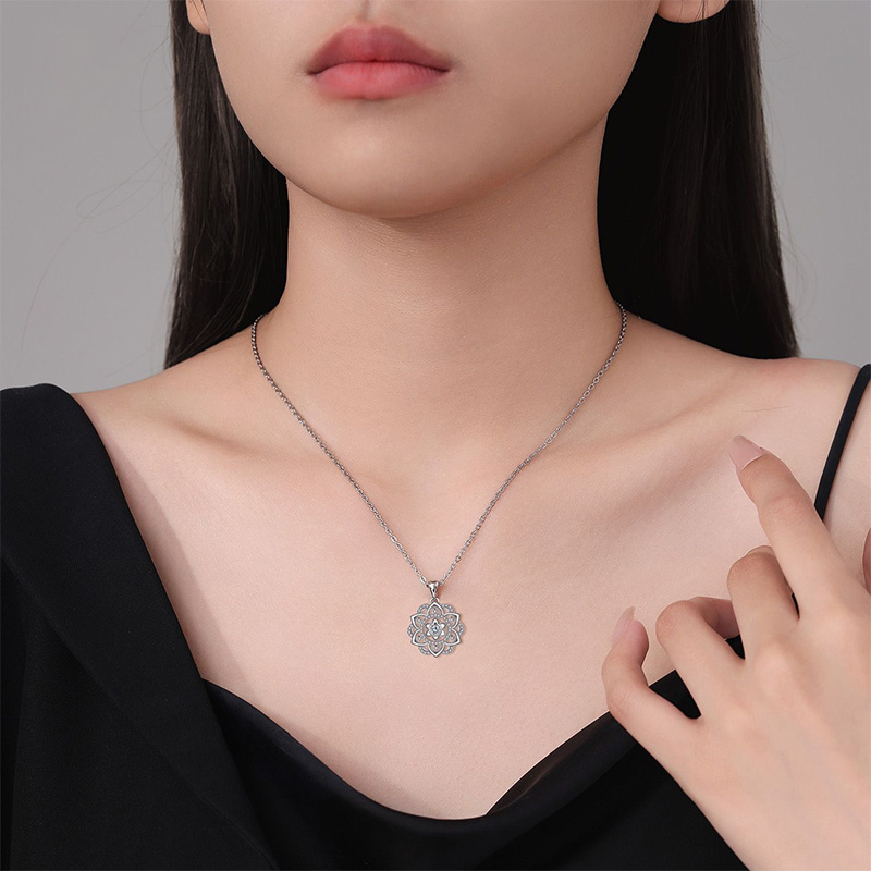 Women's S925 Silver Hollow Flower Necklace with Zirconia